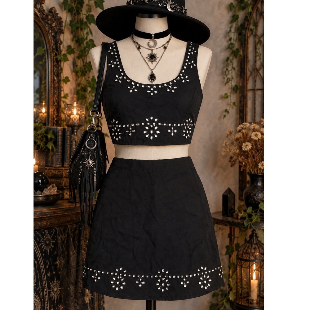 Midnight Sky Black Studded Rhinestone 2 Piece Crop Top and Mini Skirt Set XS